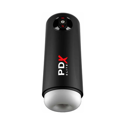 PDX Elite Moto Milker black automatic stroker with control buttons and soft white inner sleeve.