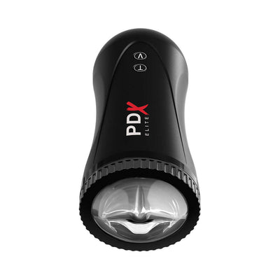 Black PDX Elite Moto Stroker with clear textured sleeve and control buttons for vibration and thrusting functions.