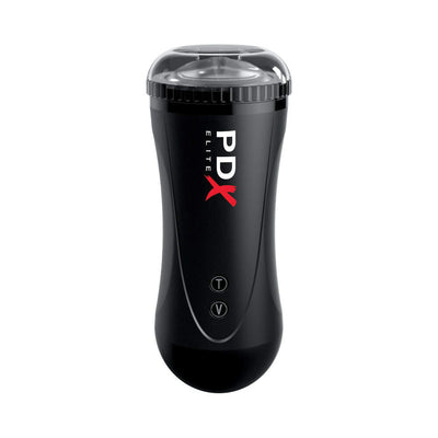 Black PDX Elite Moto Stroker with clear cap and two control buttons for thrusting and vibration functions.