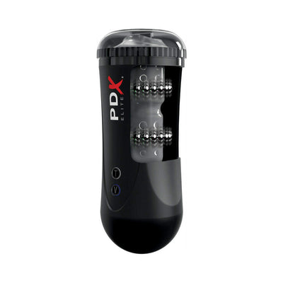 PDX Elite Moto Stroker in black with visible internal metal bead rings and control buttons for thrusting and vibration.