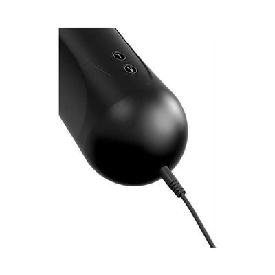 Close-up of the black PDX Elite Moto Stroker showing control buttons and charging cable connection.