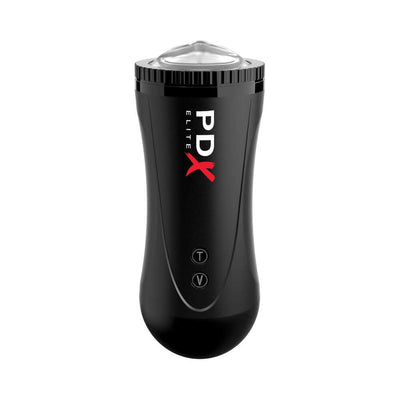 PDX Elite Moto Stroker in sleek black with clear textured sleeve and control buttons for thrusting and vibration functions.