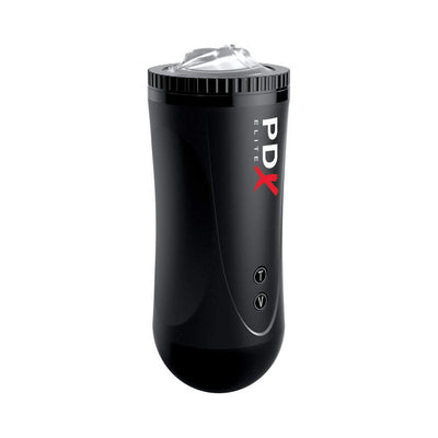 Black PDX Elite Moto Stroker with clear removable sleeve and control buttons for thrusting and vibration functions.