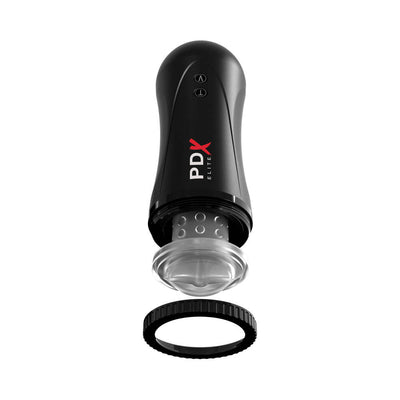 PDX Elite Moto Stroker in black with removable clear textured sleeve and separate black ring on white background.