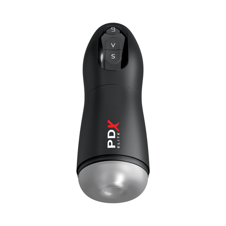 PDX Elite Suck-O-Matic in black with frosted base, featuring LED display and control buttons for suction and vibration settings.