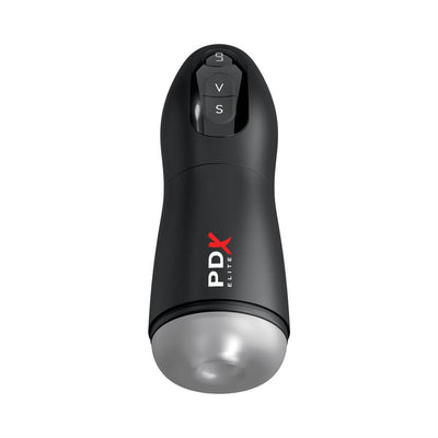 PDX Elite Suck-O-Matic in black with frosted base, featuring LED display and control buttons for suction and vibration settings.