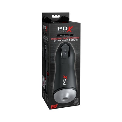 PDX Elite Suck-O-Matic in frosted black packaging with product image and controls visible on front.