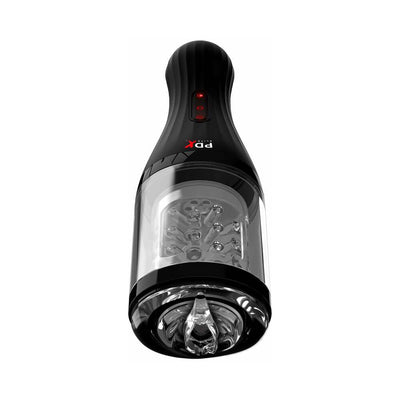 Black PDX ELITE Talk Dirty Rotobator with clear textured sleeve and ergonomic grip, featuring control buttons and USB rechargeable design.