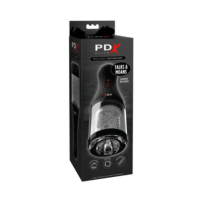 PDX ELITE Talk Dirty Rotobator in black packaging showing the device with rotation and audio features, earbuds included.