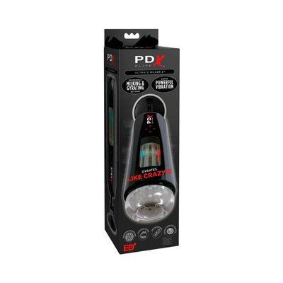 PDX Elite Ultimate Milker 2 in black and clear packaging highlighting milking, gyrating, and powerful vibration features.