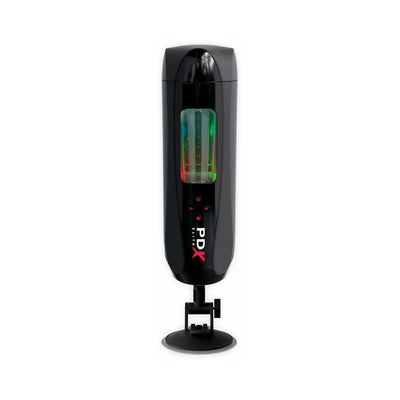 PDX Elite Ultimate Milker 2 in black with clear window and LED lights, mounted on adjustable suction cup base.