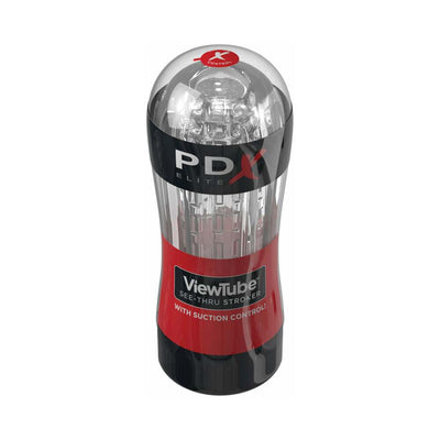 Clear PDX Elite ViewTube stroker with textured interior and suction control, packaged in a transparent container.