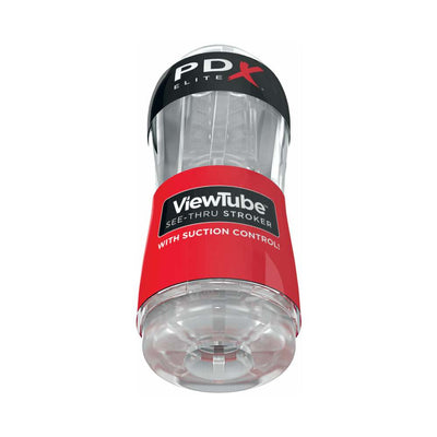 Clear PDX Elite ViewTube stroker with suction control, showing transparent textured sleeve inside packaging.