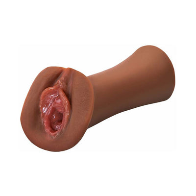 Brown realistic textured male stroker with detailed inner canal and soft outer sleeve.