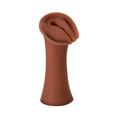 Brown self-lubricating male stroker with realistic textured slit design and soft flexible material.