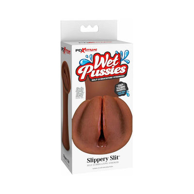 Packaging of PDX Extreme Wet Pussies Slippery Slit self-lubricating stroker in brown realistic material.