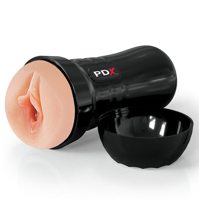 Black PDX Extreme Wet Pussies Super Juicy Snatch Light stroker with removable cap and realistic textured sleeve.