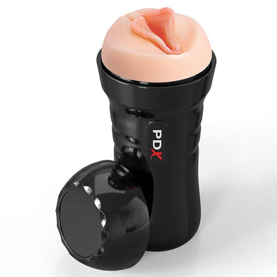 PDX Extreme Wet Pussies Super Luscious Lips Light stroker with black ergonomic case and removable cap on white background.