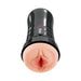Black ergonomic stroker with realistic soft silicone lips and detailed entrance for lifelike experience.