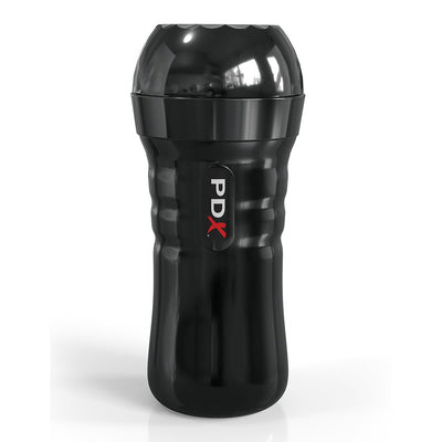 Black ergonomic PDX Extreme Wet Pussies Super Luscious Lips Light stroker with glossy finish and textured grip.