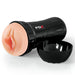 Black PDX Extreme Wet Pussies stroker with realistic textured sleeve and removable cap on white background.
