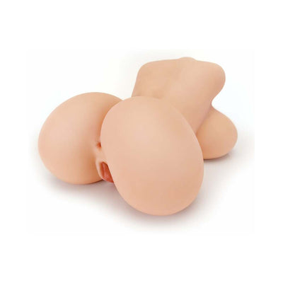 Realistic torso masturbator with large breasts and detailed curves in soft skin tone material.