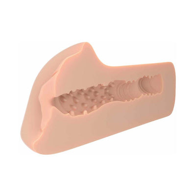 Cross-section view of PDX Plus Dream Stroker Light showing textured internal tunnel made from soft, lifelike material.