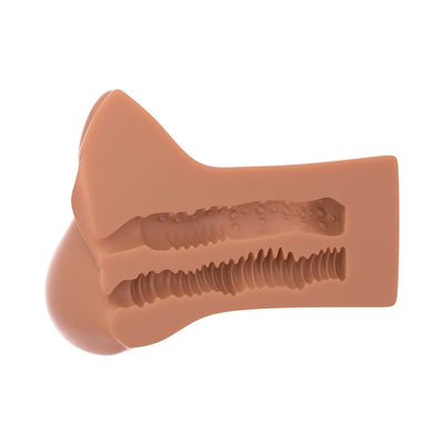 Cross-section view of the PDX Plus Pick Your Pleasure XL Stroker in brown showing dual textured internal tunnels.
