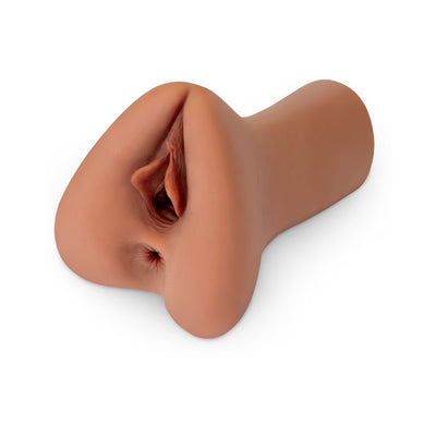 Brown dual-entry lifelike stroker with detailed skin texture and realistic vaginal and anal openings.