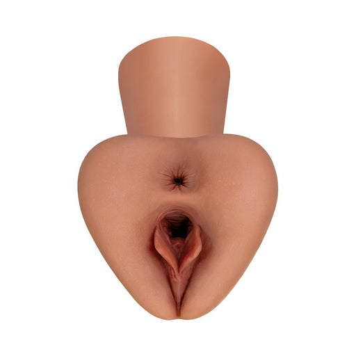 Brown dual-entry male stroker with realistic skin texture and detailed vaginal and anal openings.