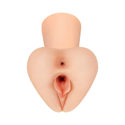 Top view of a lifelike dual-hole XL stroker in light skin tone with detailed texture and realistic design.