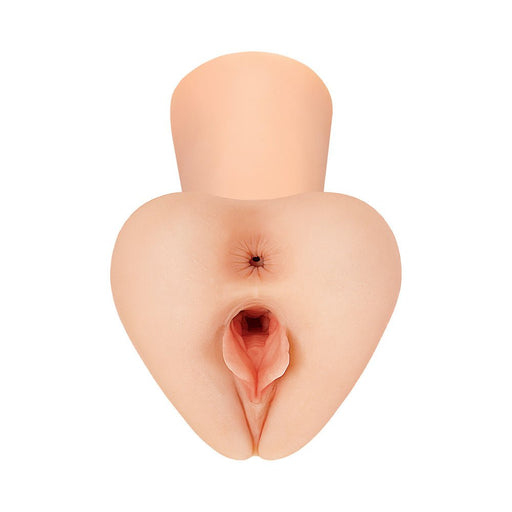 Top view of a lifelike dual-hole XL stroker in light skin tone with detailed texture and realistic design.