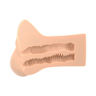 Cross-section view of PDX Plus Pick Your Pleasure XL Stroker showing dual textured interior tunnels in light skin tone material.