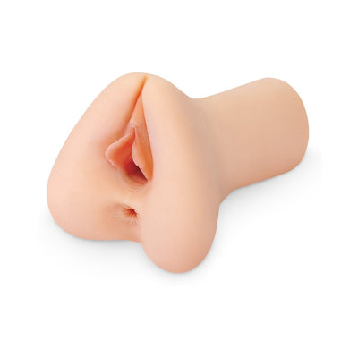 Super-sized dual-hole stroker in light skin tone with realistic texture and lifelike details for varied pleasure options.