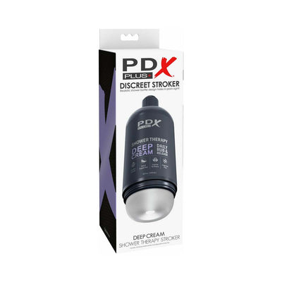 PDX Plus Shower Therapy Deep Cream discreet stroker in shampoo bottle design with black and silver packaging.