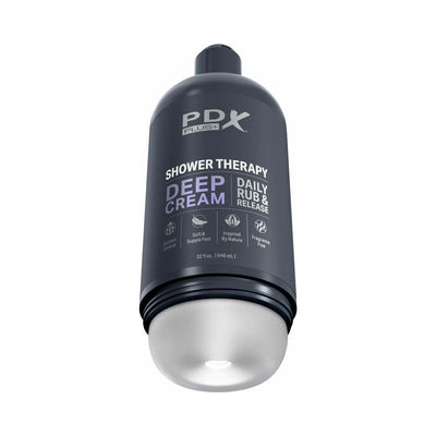 PDX Plus Shower Therapy Deep Cream Frosted in a sleek dark bottle with purple and white text, designed for discreet use.