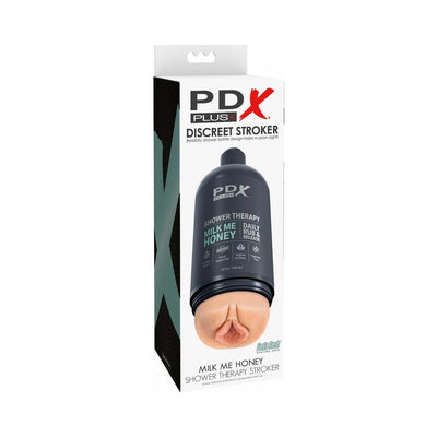 PDX Plus Shower Therapy Milk Me Honey Light discreet stroker in shampoo bottle packaging with lifelike sleeve.