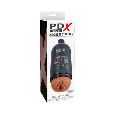 PDX Plus Shower Therapy Milk Me Honey Tan discreet stroker in shampoo bottle packaging with realistic skin-tone sleeve.