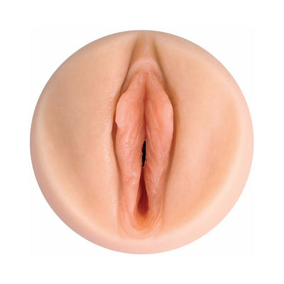 Close-up of a realistic, flesh-toned male pleasure sleeve designed for discreet use and easy cleaning.