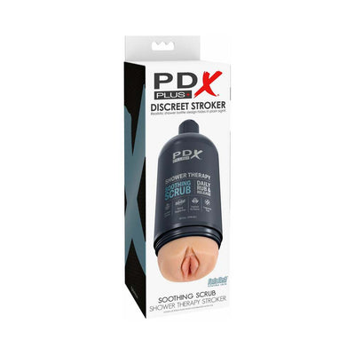 Packaging box of PDX Plus Shower Therapy Soothing Scrub discreet stroker designed as a shampoo bottle with lifelike skin sleeve.