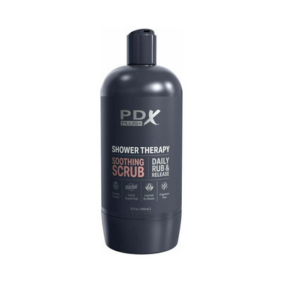 Dark gray PDX Plus Shower Therapy Soothing Scrub bottle with flip-top cap and minimalist label design.