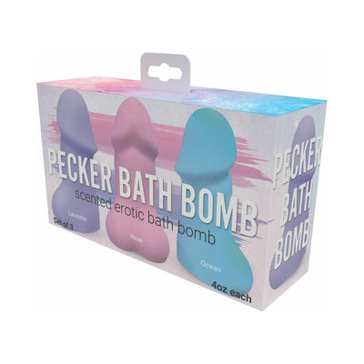 Box of three scented bath bombs in playful shapes with lavender, rose, and ocean fragrances, 4oz each.