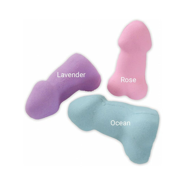 Three pastel-colored bath bombs in playful shapes labeled Lavender, Rose, and Ocean scents on a white background.