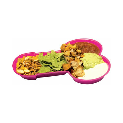 Bright pink novelty serving platter shaped like a playful design, filled with chips, pretzels, salsa, guacamole, and dip.