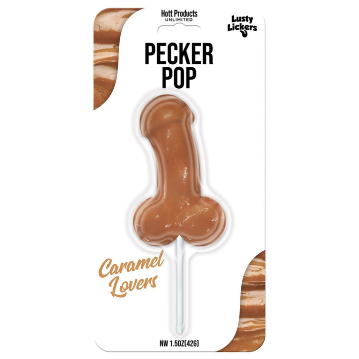 Caramel-flavored novelty lollipop shaped candy on a stick in playful packaging for adult-themed fun.