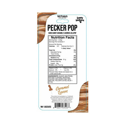 Pecker Pop Caramel Lovers packaging showing nutrition facts and caramel-flavored hard candy lollipop details.
