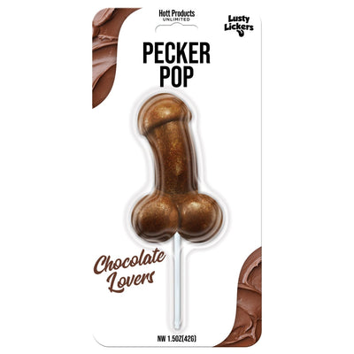Chocolate-flavored novelty lollipop in playful shape, packaged with white background and chocolate accents.