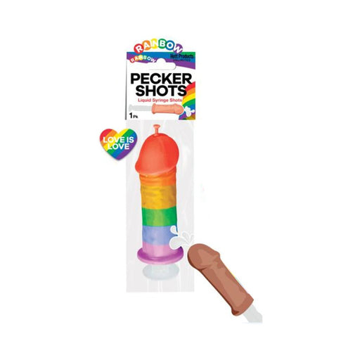 Rainbow-colored pecker-shaped liquid shot syringe in packaging with pride heart and playful design.