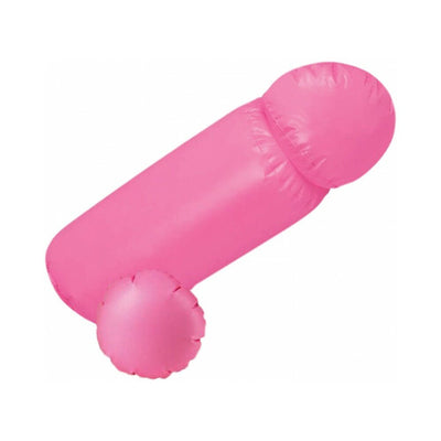 Inflatable pink novelty strap-on accessory for party games with adjustable waist strap included.