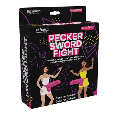 Packaging for Pecker Sword Fight Game featuring two inflatable strap-ons with adjustable waist straps, designed for bachelorette parties.